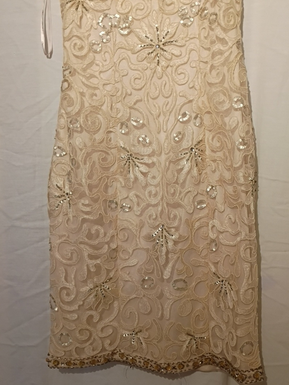 Sue Wong Ivory Lace Beaded Illusion Neck Midi Dress, Silver Sequins, Open Back - Picture 11 of 16